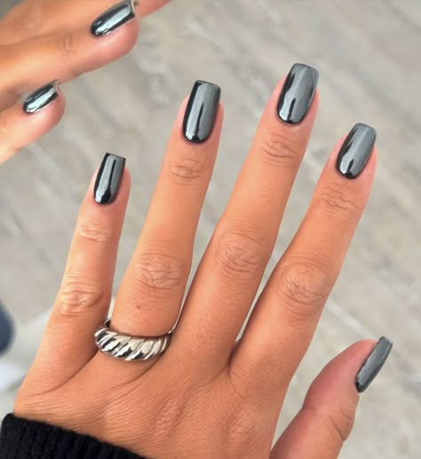 Nails Black Metallic, Grey With Chrome Nails, Squoval Black Nails, Charcoal Grey Chrome Nails, Black Grey Silver Nails, Chrome Nails Squoval, Metallic Grey Nails, January Nails Chrome, Dark Gray Chrome Nails