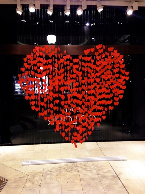 Banana Republic's valentine window display printed, cut and threaded by the crafty Harlequin team with Harlequin Design http://ow.ly/mnTfJ Red Hearts, Valentines, Glass, Red, Valentine's Day