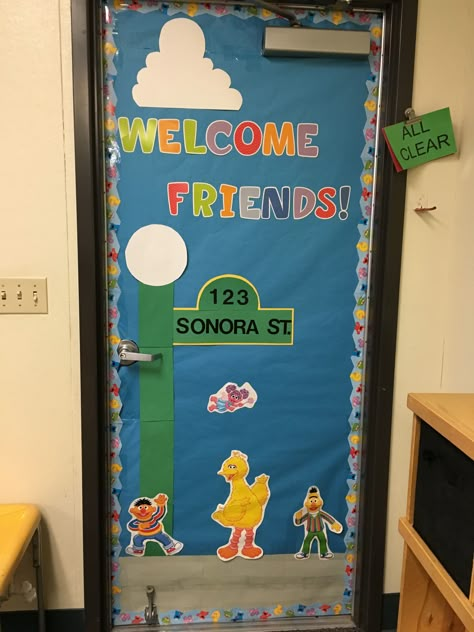 Our classroom door. Sesame Street Classroom Theme, Sesame Street Classroom, Preschool Classroom Themes, Classroom Decor Middle, Middle School Classroom Decor, Daycare Classroom, Classroom Decoration Ideas, Classroom Door Ideas, Daycare Decor