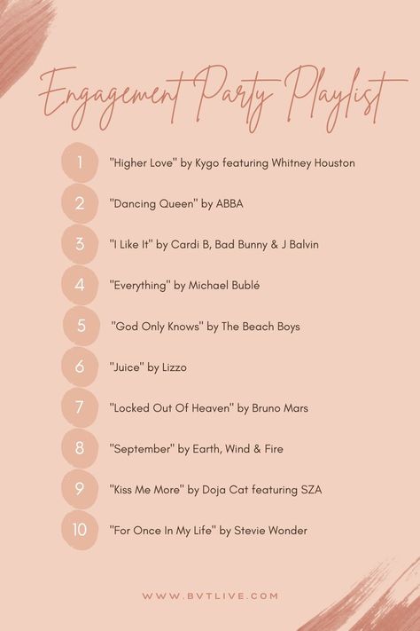 Engagement Party Playlist Ideas Engagement Party List To Do, Engagement Party Playlist, Engagement Party Schedule, Engagement Party Itinerary, Engagement Party To Do List, Nye Engagement Party, Engagement Party List, Engagement Celebration Ideas, Engagement Party Planning Checklist