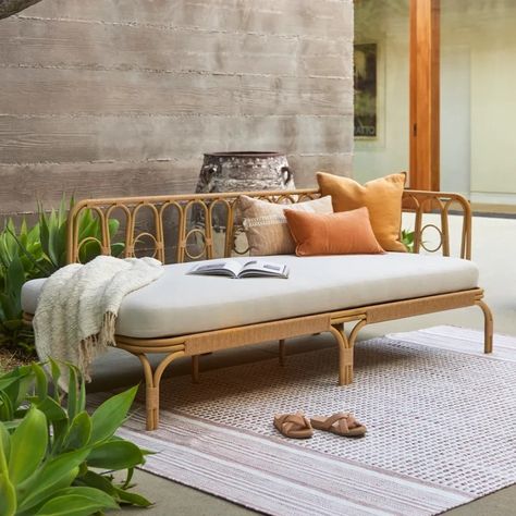 8 Patio Pieces to Make Your Cottage-Core Dreams Come True - Western Living Magazine Rattan Daybed, Furniture Rattan, Modern Outdoor Patio, White Terrazzo, Modern Dining Tables, Outdoor Pouf, Outdoor Stools, Mid Century Modern Dining, Day Bed