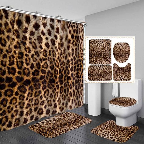 PRICES MAY VARY. 100% Polyester 【4 PIECES INCLUDED】1 piece shower curtain (12 pieces shower hooks) + 1 piece bathroom rug (rectangle) + 1 piece toilet rug (u-shaped) + 1 piece toilet lid cover (o-shaped). 【WONDERFUL GIFTS】Dia Magico shower curtain and rugs set is a great gift for friends, family, colleague and yourself. It is also a good choice as a Birthday Gift, Christmas Gift, Happy New Year Gift, Halloween Gift, Thanksgiving Gift, Housewarming Gift, Mother's day Gift, Father's day Gift, Wedd Leopard Print Bathroom Ideas, Animal Print Bedroom Decor, Leopard Print Bathroom, Girls Bathroom Decor, Animal Print Bedroom, Animal Print Bathroom, Girl Bathroom Decor, Bathroom Decor Themes, Print Bathroom