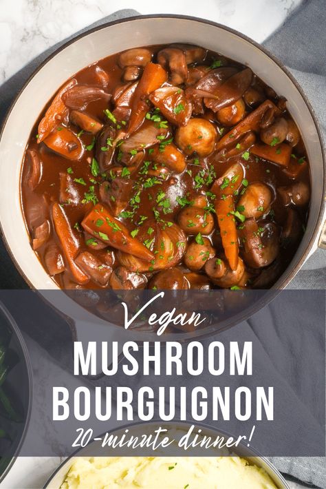 Vegan Mushroom Bourguignon, Mushroom Bourguignon, Mushroom Recipes Vegan, Vegan Winter Recipes, Wine Gravy, Red Wine Gravy, Red Wine Recipe, Vegan Stew, Vegan Mushroom