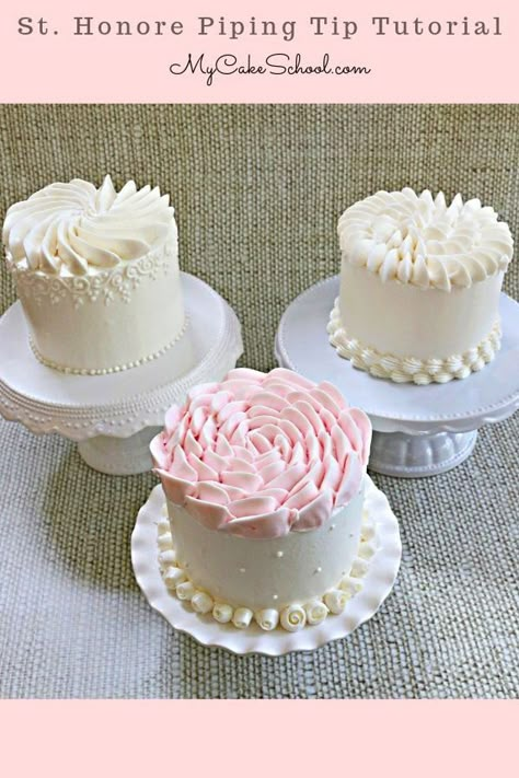 Learn how to decorate cakes with St. Honore Piping Tips! These elegant buttercream piping styles are simpler than they look to create! #sthonore #buttercreampiping How To Decorate Cakes, Piping Cake, Buttercream Piping, St Honore, Buttercream Cake Designs, Fondant Flower Cake, Piping Tip, Novelty Birthday Cakes, Tiny Cakes