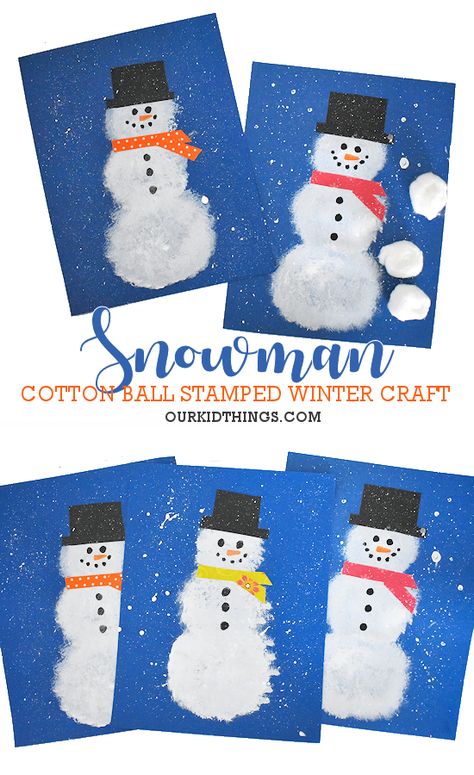 Cotton Ball Stamped Snowman Craft Cotton Wool Snowman, Cotton Ball Winter Crafts For Kids, Snowman Art For Preschool, Snowman Arts And Crafts For Kids, Cotton Ball Painting For Kids, Cotton Ball Snowman Craft, Snowman Art Kindergarten, Cottonball Snowman Craft Kids, Snowman Craft Toddler