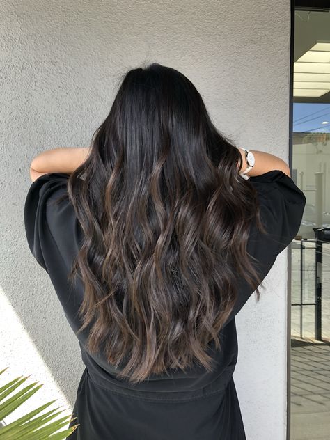 Dark With Balayage, Dark Hair Brown Balayage, Natural Dark Hair Balayage, Natural Balayage On Black Hair, Black Hair Natural Balayage, Bronde Balayage Black Hair, Natural Dark Hair Color Ideas, Neutral Brown Balayage On Dark Hair, Long Black Hair Balayage