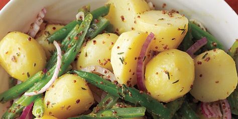 Potato and Green Bean Salad Recipe | Martha Stewart Potato And Green Bean Salad, Potato Salad Vegan, Green Bean Potato Salad, Potato And Green Bean, American Potato Salad, Green Bean Salad Recipes, Potato Salad Mustard, Green Bean Salad, Three Bean Salad