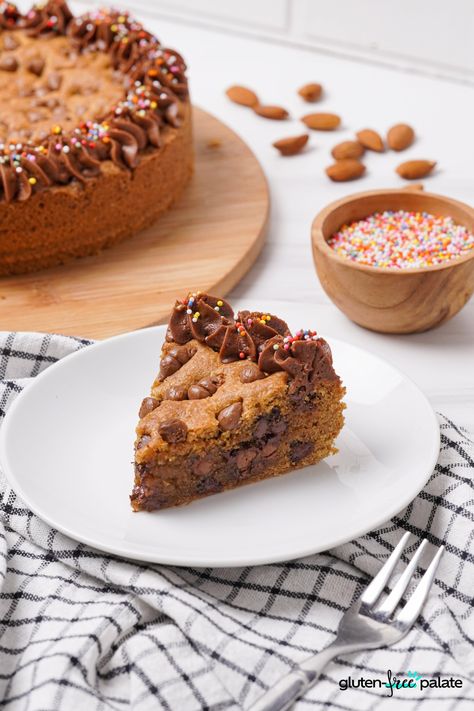 Easy Gluten-Free Cookie Cake (Chocolate Chip) | GFP Gluten Free Cookie Cake Recipe, Gluten Free Cookie Cake, Gluten Free Cookies Easy, Gluten Free Cookie, Cookie Cake Recipe, Chocolate Buttercream, Chocolate Craving, Milk Chocolate Chips, Cake Chocolate