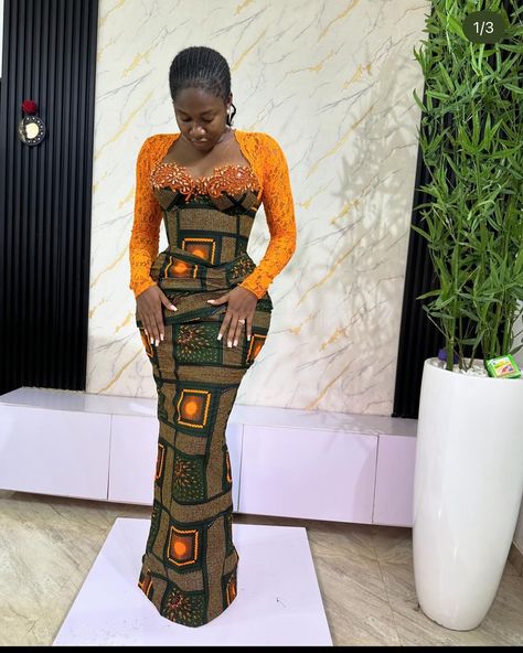 Long Ankara Corset Gown, Corset Gown Styles Ankara, Corset Styles For Ankara, Ankara Styles For Ladies 2024, Cute Ankara Styles For Ladies, Corset With Ankara, Asoebi Lace Styles Classy 2024 Corset, 2024 Ankara Gown Styles, Long Sleeve Asoebi Lace Styles