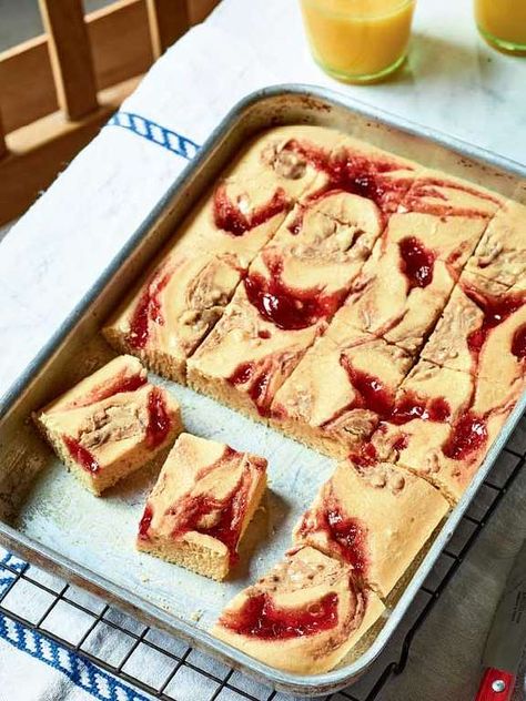 Nadiya Hussain's Peanut Butter  Jelly Traybake | Time to Eat BBC  Baked Pancakes Nadiya Hussain Recipes, Nadiya Hussain, Pudding Chia, Tray Bake Recipes, Peanut Butter And Jelly, Peanut Butter Jelly, Weekend Breakfast, Time To Eat, Peanut Butter Cookies