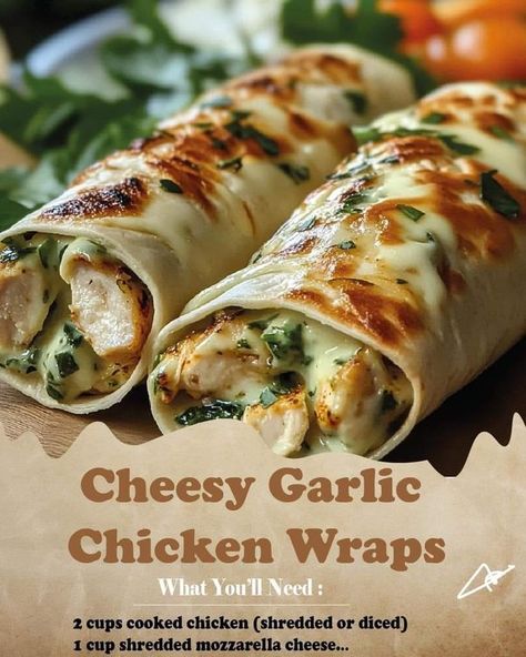 Rachael Ray🍲 | Cheesy Garlic Chicken Wraps | Facebook Cheesy Garlic Chicken, Chicken Shredded, Chicken Wrap Recipes, Chicken Wrap, Cooked Chicken, Chicken Wraps, Rachael Ray, Cheesy Chicken, Chicken Dishes Recipes