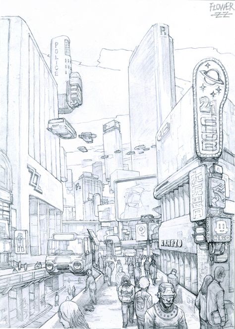 Cyberpunk Sketch City, Cyberpunk City 2 Point Perspective, Futuristic Cityscape Drawing, 2 Point Perspective Drawing Futuristic, Cyberpunk City Drawing Sketch, Architecture City Drawing, Futuristic City Drawing Easy, Dystopian City Drawing, Futuristic City Sketch