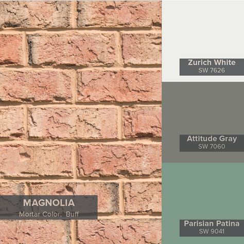 Sherwin-Williams’ Color of the Month  SW 9041 Parisian Patina Pink Brick House Exterior, Pink Brick House, Brick House Colors, Brick House Exterior, Red Brick House Exterior, Color Of The Month, House Paint Color Combination, Front Door Paint Colors, Exterior House Paint Color Combinations