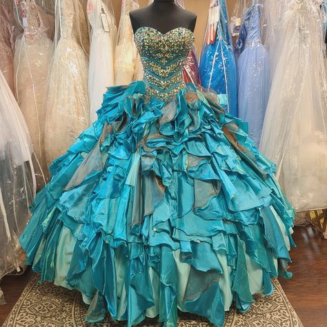 Under The Sea Wedding Dress, Silver Fantasy Dress, Teal Quince Dress, Turquoise Bridesmaid Dresses Short, Silver Dresses Elegant, Slime Costume, Mystical Dresses, Elven Dresses, Teal Wedding Dress