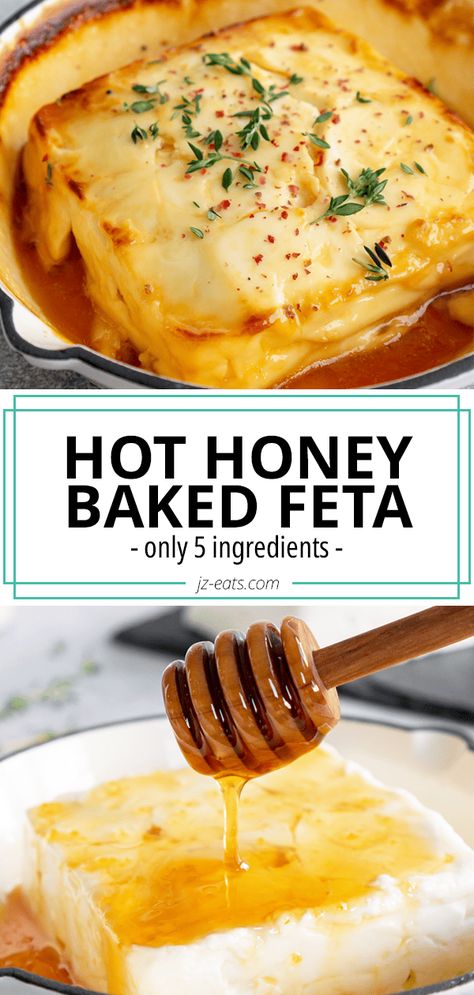 Hot Honey Baked Feta (5 Ingredients!) Baked Feta With Honey And Thyme, Hot Honey And Goat Cheese, Hot Honey And Cheese, Cheese With Honey Appetizers, Honey With Cheese, Honey Inspired Appetizers, What To Eat With Hot Honey, Appetizer Recipes Fall Party, Hot Honey Feta Bites