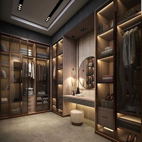 Closet Designs Bedroom, U Shape Walking Closet, Walk In Closet Glass Doors, Walk In Closet Design Modern, Modern Closet Designs Bedrooms, Walk In Closet Ideas Modern, Walk In Robes Ideas Layout, Modern Luxury Closet Design, Bedroom With Walk In Closet Layout