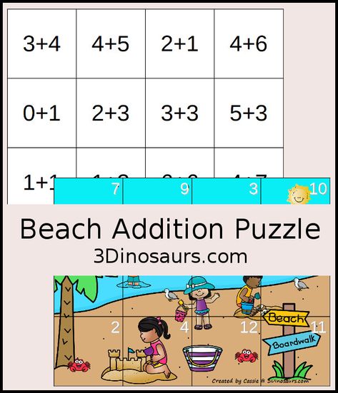 Free Beach Themed Addition Puzzle - with addition from 1 to 12 with a hands-on matching puzzles with a beach scene. - 3Dinosaurs.com #handsonmath #addition #firstgrade #kindergarten #beach #puzzlesforkids #3dinosaurs Addition Puzzles First Grade, Beach Math Activities Preschool, Beach Math Activities, Summer Puzzle, Puzzle Printable, Quarantine Activities, Kindergarten Addition Worksheets, Math Addition Worksheets, 3 Dinosaurs