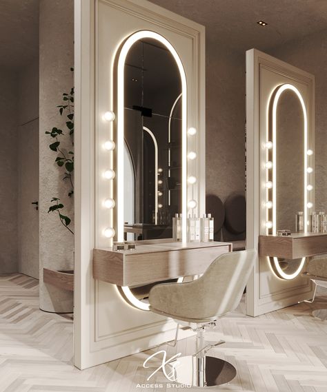 Gorgeous Beauty Salon , KSA :: Behance Beauty And Hair Salon Design, Beauty Room Inspo Interior Design, Makeup Area In Salon, Best Salon Lighting, Makeup Salon Interior Design, Studio Makeup Design, Makeup Salon Interior, Beauty Salon Plan, Makeup Room Salon