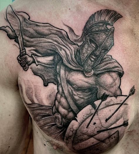 32 Gorgeous Mythological Tattoos (Greek, Roman and Indian) Spartan Chest Tattoo Men, Gladiator Chest Tattoo Men, Roman Chest Tattoo, Spartan Chest Tattoo, Roman Soldier Tattoo, Gladiator Tattoos, Mens Chest Tattoos, Tattoos Greek, Shoulder Armor Tattoo