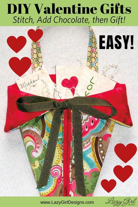 Make this adorable DIY Valentine, fill with chocolate or notes, then hang on a door knob or hook to enjoy through the year. She used this easy sewing pattern to make these cool pouches for Valentine's Day gifts. You can fill them with notes of inspiration and love - or fill with candy. These are quick and easy gifts. #DIYValentine Sewing Classes For Beginners, Lazy Girl Designs, Sewing Business, Diy Valentine, Beginner Sewing Projects Easy, Cadeau Diy, My Funny Valentine, Lazy Girl, Diy Valentines Gifts