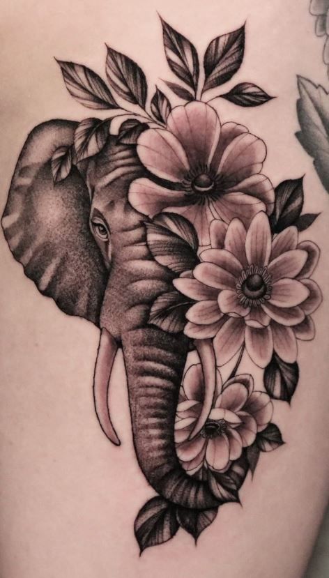 Elephant Hand Tattoo Design, Elephant Tattoos Arm Women, Elephant Tattoos On Shoulder, Shoulder Tattoos For Women Elephants, Elephant And Rose Tattoo Design, Elephant Flowers Tattoo, Woman Elephant Tattoo, Back Elephant Tattoo Women, Sleeve Tattoos Elephant