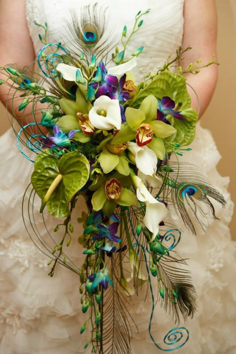 Orchids, anthurium, calla lilies, peacock feathers and swirls of wire created by Plant and Flower, Pensacola, Florida Peacock Bridal Bouquet, Peacock Floral Arrangements, Turquoise Wedding Flowers, Peacock Themed Wedding, Orchid Bouquet Wedding, Peacock Wedding Theme, Anthurium Flower, Wedding Card Frames, Peacock Theme