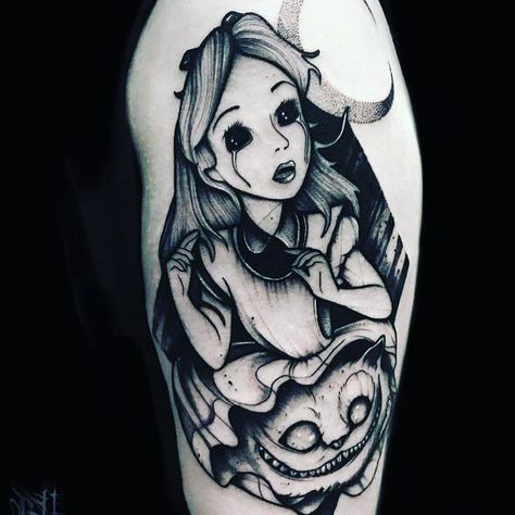 Alice And Wonderland Tattoos, Black Art Tattoo, Wonderland Tattoo, Theme Tattoo, Inspiration Tattoos, Creepy Tattoos, Gothic Tattoo, Halloween Tattoo, Instagram Tattoo