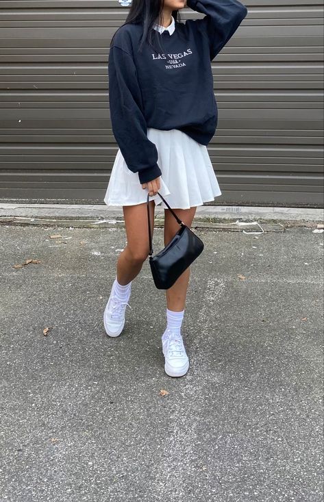 Skirt With A Sweater Outfit, White School Skirt Outfit, Sweatshirts And Skirts, Skirt With Baggy Sweater, Sweatshirts And Skirts Outfit, Baggy Jumper And Skirt, White Sneakers Skirt Outfit, Dress And Crewneck Outfit, Crewneck With Skirt Outfit