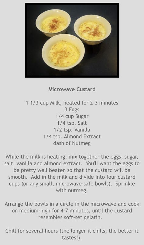 MICROWAVE CUSTARD ￼ Microwave Custard For One, Microwave Custard Recipe, Microwave Custard, Custard Recipe Easy, Egg Custard Recipes, Milk Recipes Dessert, Microwave Baking, Custard Recipe, Baked Custard