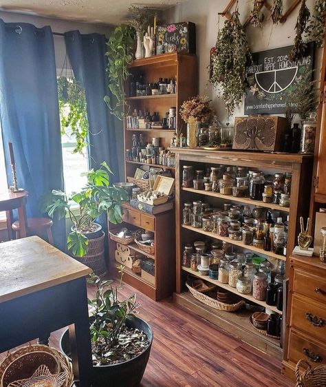 Goblincore Aesthetic Interior, Goblincore Dining Room, Oversized Home Decor, Witch Craft Room Decor, Apothecary House Decor, Witch Bookshelf Aesthetic, Witchy Pantry Ideas, Herbalist Aesthetic Room, Moody Kitchen Decor Ideas