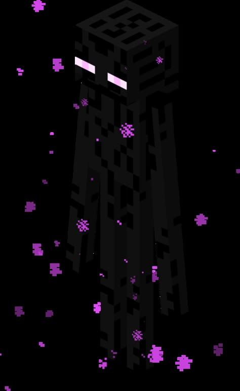 [view] • [talk] Endermen are neutral 3-block tall mobs that live in The End and spawn in huge numbers. They are extraterrestrial creatures that occasionally teleport to the Overworld, but are rare in comparison to other mobs. Their two iconic abilities are the ability to pick up blocks and place them elsewhere, and their ability to teleport. When teleporting, an Enderman will leave a faint trail of purple particles leading to where it teleported to. Endermen are also a parody of Slenderman..... Slenderman Minecraft, Purple Particles, Minecraft Png, Minecraft Costumes, Minecraft Enderman, Mine Minecraft, Iron Golem, Karakter Minecraft, Minecraft Images