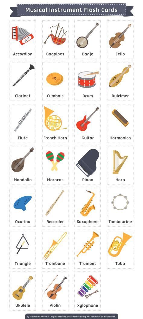 Free printable musical instrument flash cards. These are suitable for teaching reading, ESL, etc. Download them in PDF format at http://flashcardfox.com/download/musical-instrument-flash-cards/ Music Instruments Kids, French Horn, English Tips, Orff, Tambourine, Learn English Vocabulary, English Language Learning, Elementary Music, Music Classroom