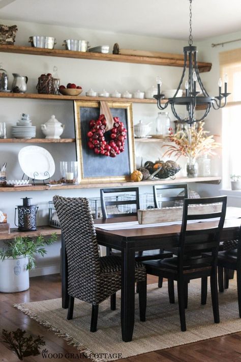 Fall Home Tour by The Wood Grain Cottage #EclecticallyVintage gorgeous dining room with apple wreath Cottage Shelves, Dining Room Shelving, Natural Shelves, Farmhouse Shelves Decor, Dining Room Shelves, Cubby Shelves, Kitchen Wall Storage, Fall Home Tour, Dining Room Spaces