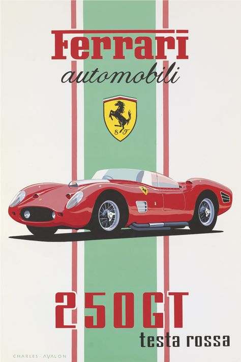 PEL215: '1960 Ferrari 250 GT Testa Rossa' by Charles Avalon - Vintage car posters - Art Deco - Pullman Editions - Ferrari Vintage Car Posters, 1960 Ferrari, French Posters, Ferrari Italia, Cars Poster, Xe Ducati, Classic Posters, Vintage Racing Poster, Aryton Senna