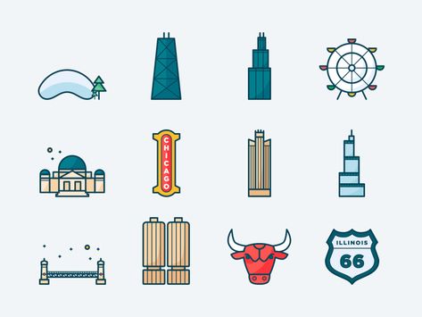 Chicago outline icons by Elena de Pomar Chicago Themed Tattoos, Chicago Tattoo Ideas Simple, Chicago Doodles, Booktube Aesthetic, Chicago Tattoo Ideas, Chicago Illustration, Chicago Graphic Design, Chicago Logo, Country Logo