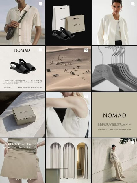 NOMAD Instagram Visual Clothing Brand/ Logotype and Brand Identity Social Media For Clothing Brand, Clothes Brand Instagram Feed, Moodboard Clothing Brand, Instagram Feed For Clothing Brand, Clothing Brand Ig Feed, Clothing Brand Social Media Posts, Fashion Brand Instagram Feed Ideas, Clothing Brand Mood Board, Clothing Brand Feed