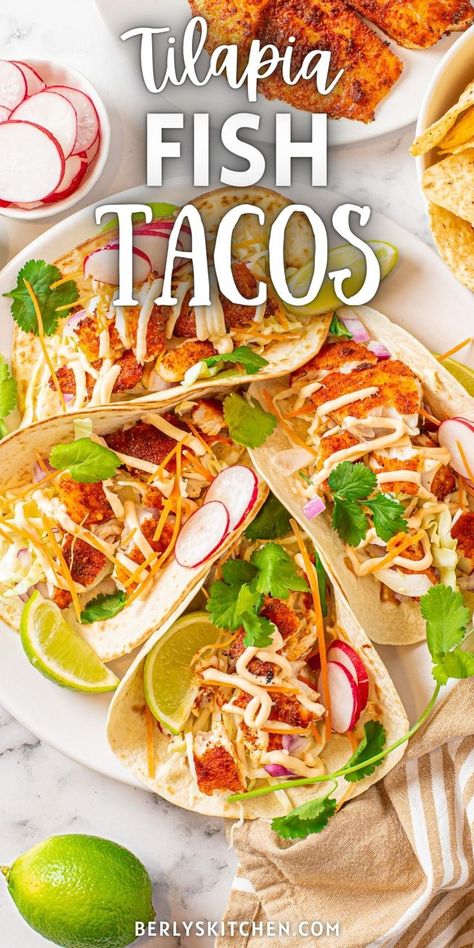 Tilapia Fish Tacos are perfect for lunch or dinner! Easily on the table in under half an hour and filled with mouthwatering flavor. Tilapia For Fish Tacos, Fish Tacos Recipe Tilapia, Tilapia And Noodles Recipes, Fish Tacos Tilapia Baked, Fish Tacos With Tilapia, Tilapia Recipes Tacos, Fish Taco Recipe Tilapia, Talipia Taco Recipes, Tilapia Tacos Recipes