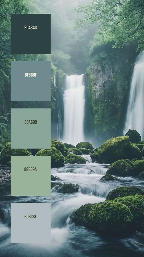 Colors:
2D4343
6F8B8F
88A699
99B39A
B0BCBF Rocky Cliff, Rushing Water, Green Branding, Hex Color Palette, Waterfall Landscape, House Color Palettes, Color Schemes Colour Palettes, Nature Color Palette, Brand Color Palette