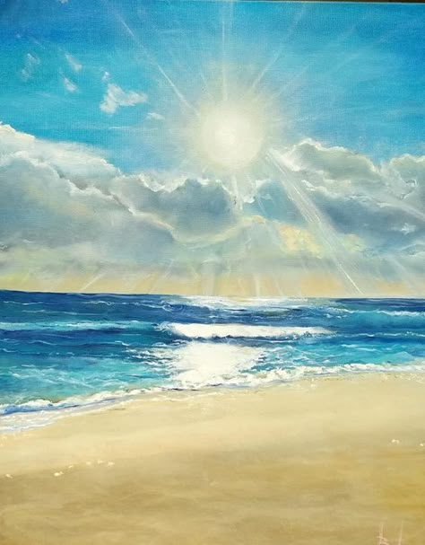 Beginner Painting On Canvas, Beach Canvas Paintings, Canvas Painting Projects, Beach Scene Painting, Beach Drawing, Beach Oil Painting, Beach Art Painting, Beach Artwork, Beginner Art