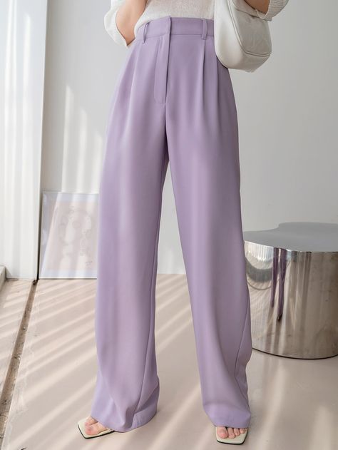 Lilac Purple  Collar  Fabric Plain Straight Leg Embellished Slight Stretch All Women Suits Purple Trousers Outfit, Vestido Color Lila, Purple Pants Outfit, Purple Fashion Outfit, Women Suit Pants, Lavender Pants, Lavender Skirt, Korean Pants, High Waisted Pants Outfit