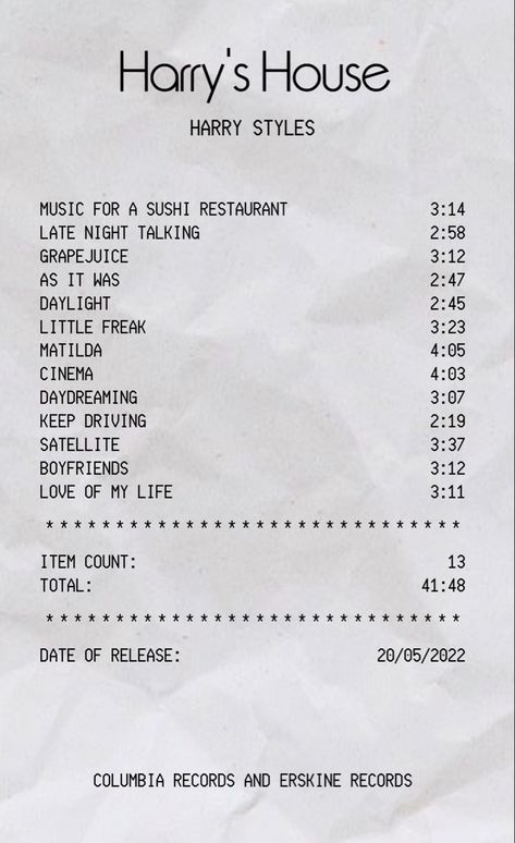 Harry’s House’s album receipt Harry’s House Album Poster, Am Receipt, Harrys House Aesthetic Poster, Harrys House Song List, Harry Styles Album Receipt, Harry Styles Receipt Poster, Harrys House Receipt, Harry’s House Aesthetic Wallpaper, Receipt Song List