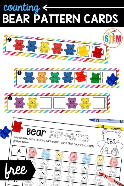 These counting bear pattern cards will have kids copying, creating and extending patterns in no time! This FREEBIE even includes a pattern recording sheet for more pattern practice! Perfect for math centers or even a fun free choice activity! #prekmath #kindergartenmath #patterns #countingbears Bear Pattern Cards Free Printable, Counting Bears Pattern Cards, Kindergarten Pattern Activities, Patterns Kindergarten, Patterning Activities, Sensory Basket, Kiddie Academy, Pattern Blocks Activities, Patterning Kindergarten