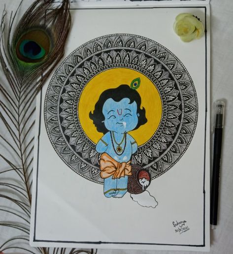 Janmashtami Doodle Art, Laddu Gopal Painting On Canvas, Bal Krishna Mandala Art, Janmashtami Special Painting, Laddu Gopal Pencil Sketch, Laddu Gopal Sketch, Janmashtami Special Drawing Easy, Janamasthami Drawing, Janmastami Special Mandala Art