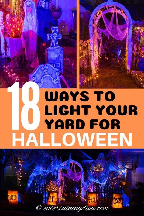 How To Halloween Decorations, How To Light Up Your Yard For Halloween, Patio Halloween Decorations, Diy Backyard Halloween Party, How To Light Up Halloween Graveyard, Unique Outdoor Halloween Decorations, Spooky Backyard Ideas, Easy Halloween Yard Decor, Halloween Decorations Outdoor On A Budget