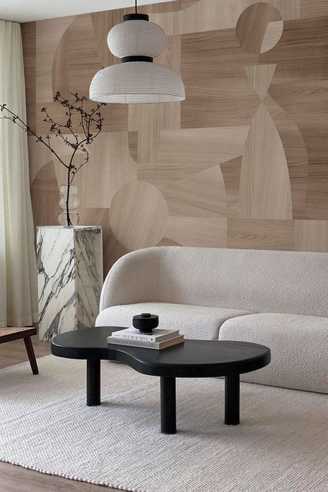 Wall Shapes Design, Japandi Lighting Living Room, Japandi Wood, Japandi Sofa, Japandi Lighting, Japandi Wallpaper, Japandi Living Room, Wood Wall Design, Japandi Interiors