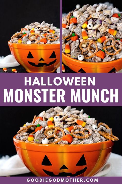 Spooky Puppy Chow, Halloween Carry In Food Ideas Easy, Easy Halloween Snack Ideas For Party, Easy Halloween Sweets For Kids, October Treats For Kids, Halloween Kid Snacks For School, Easy Halloween Snacks For Party Kids, Snack Ideas Halloween, Halloween Chex Mix For Kids