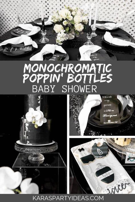 Monochromatic Poppin' Bottles Baby Shower via Kara's Party Ideas - KarasPartyIdeas.com Popping Bottles Baby Shower Theme Decor, Poppin Bottles Baby Shower Theme Decor, Monochrome Baby Shower Ideas, All Black Baby Shower Theme, Popping Bottles Baby Shower Theme, Poppin Bottles Baby Shower Theme, Black And White Baby Shower Ideas, Black Baby Shower Ideas, Poppin Bottles Baby