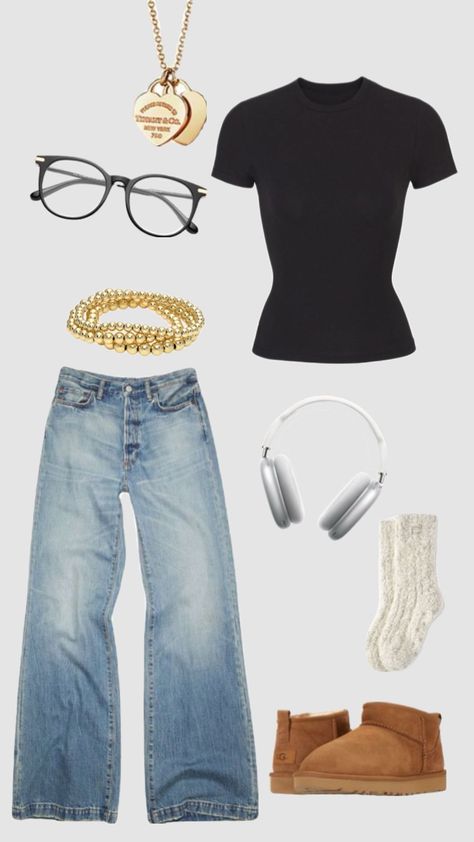 back to school outfit, cool girl outfit, baggy jeans, fall fashion, uggs outfit, back to school, fashion inspo, outfit, fall, comfy, cute outfit, inspiration, cute jewlery, airpod max, fashion aesthetic, skims shirt, glasses outfit Baggy Fall Outfits, Cool Girl Outfit, Hockey Outfits, Glasses Outfit, Airpod Max, Cool Girl Outfits, Max Fashion, Back To School Fashion, Capsule Wardrobe Outfits