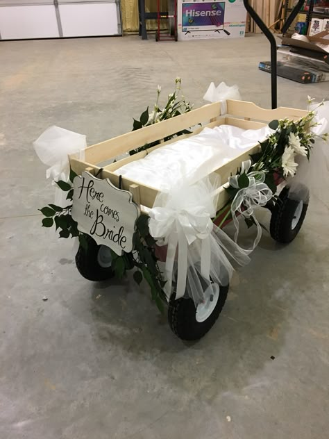 Decorate Wagon For Wedding, Wedding Wagon Ideas, Wagon Decorated For Wedding, Baby Wagon Wedding, Wedding Wagon Decorations, White Wagon For Wedding, Wedding Wagon For Ring Bearer, Diy Wedding Wagon, Wedding Wagons