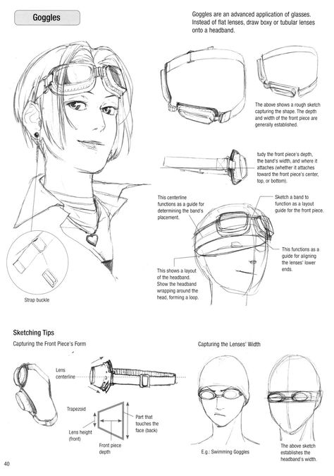 Goggles Steampunk Googles On Head Drawing, Goggles Around Neck Reference, Glasses Reflection Drawing, Goggles Drawing Character Design, How To Draw Goggles On Head, How To Draw Goggles, Goggle Reference, Goggles On Head Reference, Round Glasses Drawing